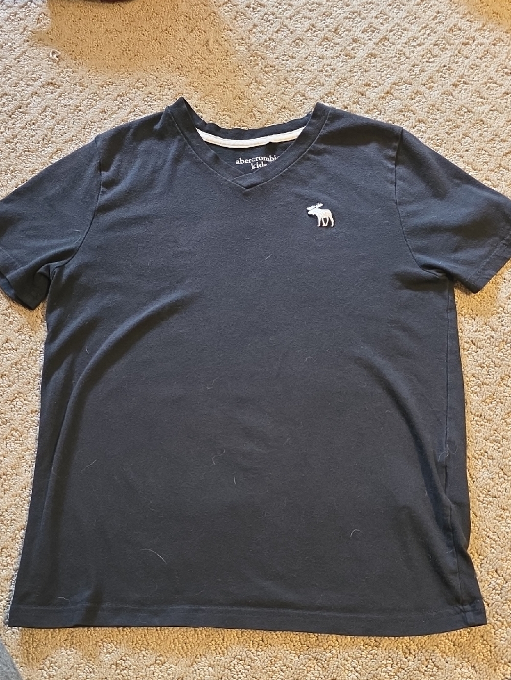 abercrombie kids navy V-neck tee with white moose emblem